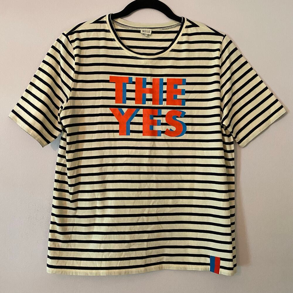 Kule Black Cream Stripe "The Yes" Boxy Short Sleeve Tee Women's size Medium